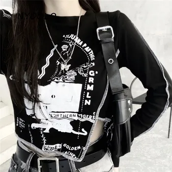 NYOOLO Atsitiktinis streetwear nereguliarus raidžių spausdinti aukštos juosmens long sleeve t-shirt moterims, Harajuku hip-hop, punk puloveriai viršūnes tee