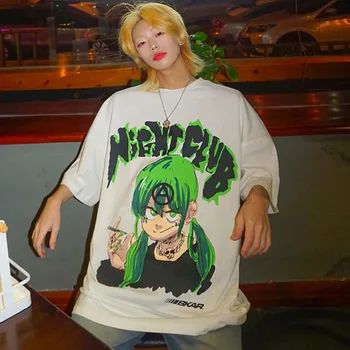 NYOOLO Derliaus gatvės animacinių filmų Dviejų matmenų mergina naktinis klubas raidžių spausdinti trumpomis rankovėmis T-shirt moterims, vyrams Vasaros hiphop tee viršūnės