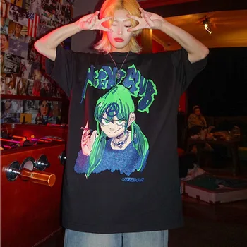 NYOOLO Derliaus gatvės animacinių filmų Dviejų matmenų mergina naktinis klubas raidžių spausdinti trumpomis rankovėmis T-shirt moterims, vyrams Vasaros hiphop tee viršūnės