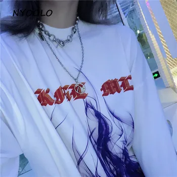 NYOOLO Rudenį Harajuku Streetwear Liepsna Spausdinti balti marškinėliai Atsitiktinis ilgomis Rankovėmis O-kaklo T-Shirt moterų/vyrų drabužių viršūnes tee