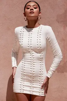 Nėriniai Bodycon Moterų Tvarstis Suknelė Vestidos Verano 2018 M. Vasaros Seksuali Moteris Slim Elegantiška Balta Ilgomis Rankovėmis 