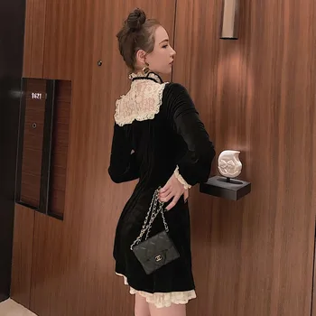 Nėriniai Kratinys Auksinio Aksomo Suknelė Moterims Retro Prancūzų Stiliaus Juoda Mini Suknelė Vintage Korėjos Kawaii Šalis Suknelė Seksualus Slim A381