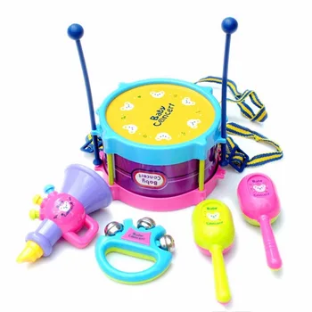 OCDAY Kūdikių Koncertai Vaikų Žaislas Dovanų Rinkinys 5vnt Būgno Trimitas Cabasa Handbell Muzikos Instrumentų Juostos Rinkinys Žaislo Muzikos Instrumentas