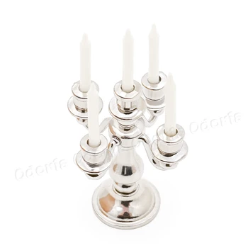 Odoria 1:12 Miniatiūriniai Metaliniai Sidabro 5 Ginklų Žvakidė & White, Žvakės, Virtuvės Baldai Lėlių Dekoro Žaislas