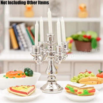 Odoria 1:12 Miniatiūriniai Metaliniai Sidabro 5 Ginklų Žvakidė & White, Žvakės, Virtuvės Baldai Lėlių Dekoro Žaislas