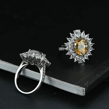 OEVAS 925 Sterling Silver Pink Geltonos Ovalios, Didelės Anglies Diamond Gėlių Žiedai Moterims Putojantis Vestuves Fine Jewelry