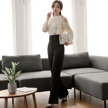 Office lady naują atvykimo mados patogiai 2 vnt moterų nustato išjungti peties seksualus marškiniai ir juoda ilgas kelnes elegantiškas rinkiniai moterims
