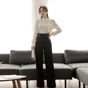 Office lady naują atvykimo mados patogiai 2 vnt moterų nustato išjungti peties seksualus marškiniai ir juoda ilgas kelnes elegantiškas rinkiniai moterims
