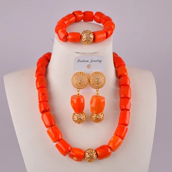 Oranžinė gamtos cilindro formos koralų karoliukų, romantiškas Afrikos vestuvių papuošalai Nigerija koralų karoliukų, vestuviniai papuošalai, nustatykite AS-35