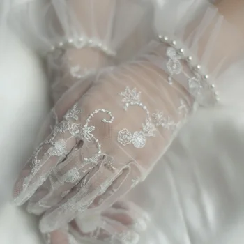 Originalaus dizaino perlas vestuvių pirštinės nėrinių nuotaka vestuvių pirštinės akių vestuvių pirštinės nuotakos baltos pirštinės