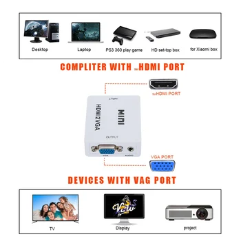 Originalus HD 1080P MINI HDMI į VGA Konverteris Su Audio HDMI į VGA Video Adapteris Box For Xbox360, PC DVD PS3