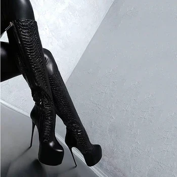 Originalus Ketinimą Naujas Stilingas Snakeskin Juodos Platformos Batai Super Sexy Moteris Kelio Ilgi Batai Plonas Aukštakulnius Batus Moteris