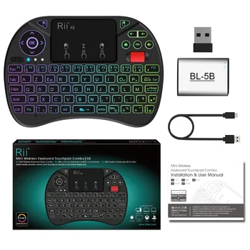 Originalus Rii X8 2.4 GHz AZERTY Mini prancūzijos Belaidė Klaviatūra su Touchpad, Keičiami Spalvos LED Apšvietimu, Li-ion Baterija