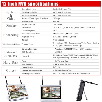 P2P 4CH VAIZDO Belaidžio NVR Rinkinys 12 Colių Monitorius 2vnt 36 IR 960P HD WIFI Lauko IP Kamera Surveilance Sistemos HDD Disko