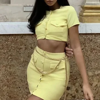 Palaidinė moterims sijonas rinkiniai geltona ponios apkarpyti viršūnes elegantiškas trumpais sijonais streetwear korėjos mados nustatyti drabužių vasaros 2020 m.