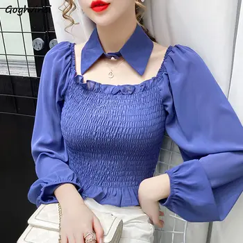 Palaidinės, Marškinėliai Moterims Rudenį Velniop Kaklo Kietas Visą Šifono Rankovės Plisuotas Raukiniai Slim Korėjos Stiliaus Elegantiškas Mados Didelis Elastingumas