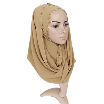 Paprastas Prabanga Aukso Grandinės Burbulas Šifono Momentinių Hijab Šalikas Moterims, Aukštos Kokybės Karoliukai Mirguliavimas Wrap Lankelis Pavogė Musulmonų Šalikai