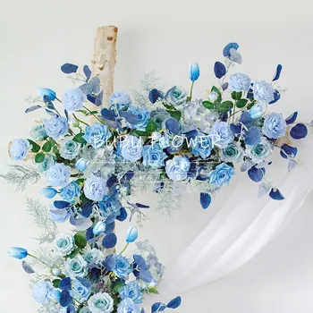 Paprotys vestuvių rekvizitai arch fonas šalies atveju dekoro dirbtinių gėlių eilės šilko mėlyna balta lauko vejos netikrą gėlių išdėstymas
