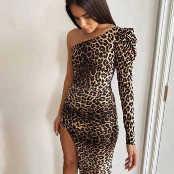 Paryžiaus Mergina Mados Seksualus Vieną Petį Leopard Print Suknelė Moterims Ilgomis Rankovėmis Šalis Suknelė Moterų Aukšto Padalinta Bodycon Suknelės
