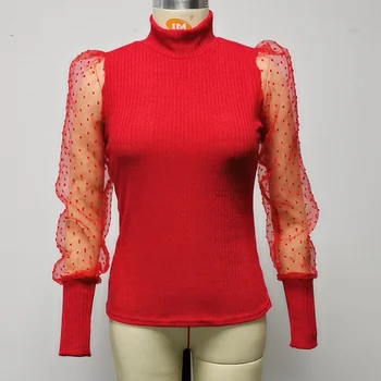 Pavasario Golfo Sluoksniuotos Rankovėmis Palaidinė Moterims Marškinėliai Akių Kratinys Dot Mezgimo Viršūnes moteriškos Palaidinės 2020 Elegantiškas Atsitiktinis Blusas