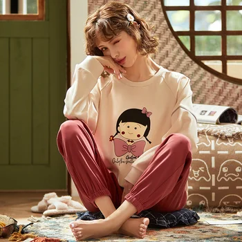 Pavasario mada, o kaklo pajama rinkinys moterims ilgomis rankovėmis mielas animacinių filmų sleepwear moterų pižamos rinkiniai medvilnės namų drabužiai, Pižamos Femme