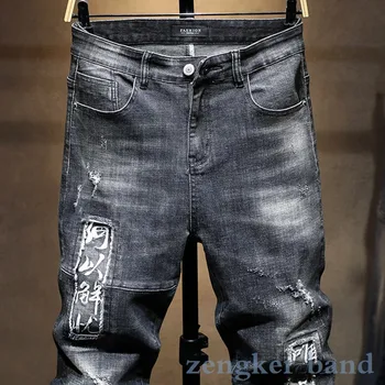 Pavasario vyriškos kelnės madingos haremo kelnės mėlynos spalvos black jeans vyriški laisvas skyles raidžių didelio dydžio kelnės kankina džinsai vyrams