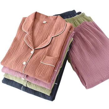 Pavasarį Naujas Vyrų Ir Moterų Porų Marlės Medvilnės Minkštas Kvėpuojantis Visą Rankovės Paprastas Japonų Stiliaus Sleepwear Vientisos Spalvos Homeware