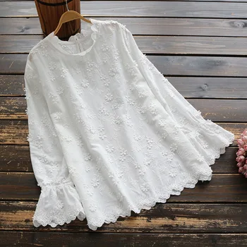 Paviršiaus gėlių Saldus Princesė nėrinių apykakle balti marškiniai ilgomis rankovėmis palaidinė moteriška 2019