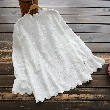 Paviršiaus gėlių Saldus Princesė nėrinių apykakle balti marškiniai ilgomis rankovėmis palaidinė moteriška 2019