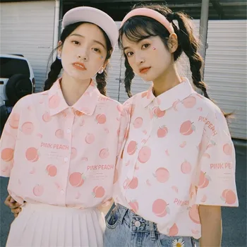 Peach Spausdinimo Saldus mielas Moterų marškinėliai Preppy stilius Japonijos studentų Rožinės spalvos šifono marškinėliai trumpomis rankovėmis moteriška viršūnes Ploni marškinėliai 2020 KARŠTO