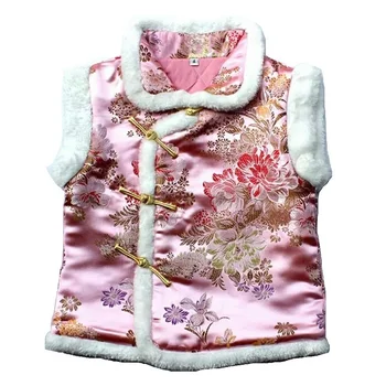 Pink Gėlių Vaikai Vilnos Liemenė Baby Girl Vest Qipao Drabužių Pavasario Šventė Vaikas Kailis Cheongsam Apranga, Viršutiniai Drabužiai Rezervuaro Viršaus