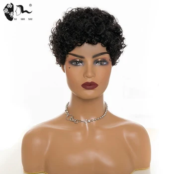 Pixie Supjaustyti Perukai Trumpas 95%Žmogaus Plaukų Visas Perukas Su Kirpčiukais Tiesiai Perruque Cheveux Sumaišyti Humain Brazilijos perukas juoda moterų