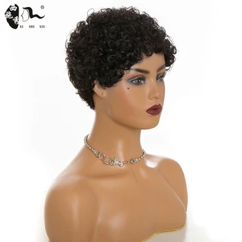 Pixie Supjaustyti Perukai Trumpas 95%Žmogaus Plaukų Visas Perukas Su Kirpčiukais Tiesiai Perruque Cheveux Sumaišyti Humain Brazilijos perukas juoda moterų