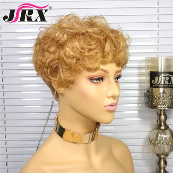 Pixie sutrumpinta Žmogaus Plaukų Perukai Pilna Mašina Pagaminti Perukai 27# Blond Spalva Palaidi Garbanoti Brazilijos Remy Human Hair, Perukai Moterims