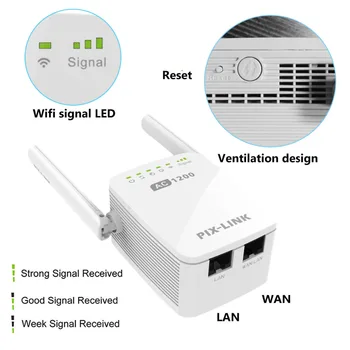 PIXLINK Wirless WiFi Router Range Extender 1200Mbps Kartotuvas Prieigos Taškas 2.4/5G Dual Band AC11 AC12 Stiprintuvas, 