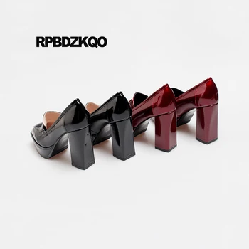 Platforma naujos natūralios odos blokuoti moteris aukštakulnius 2019 vyno raudona kokybės patentų europos dizainerio batai juoda siurbliai aikštėje kojų