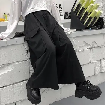 Platus kojų kelnės high street vientisos spalvos kišenėje apmušalas moterų streetwear Harajuku retro Europos grožio Брюки с широкими штанинами