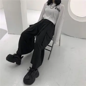 Platus kojų kelnės high street vientisos spalvos kišenėje apmušalas moterų streetwear Harajuku retro Europos grožio Брюки с широкими штанинами