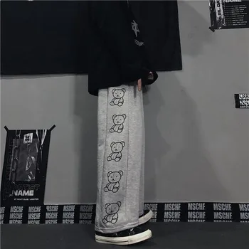 Platus Kojų Kelnės Moterims Animacinių Filmų Lokys Spausdinti Harajuku Kelnės Moteriška Streetwear Pavasario Korėjos, Japonijos Atsitiktinis Tiesiai Sweatpants