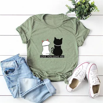 Plius Dydis S-5XL Lovely Cat Spausdinimo, Medvilnės Moterys T-shirt Moterims, Marškiniai, O ant Kaklo trumpomis Rankovėmis Vasaros Marškinėliai Viršų Moteriška T Shirts