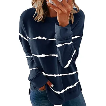 Plius Dydis XS-8XL Rudens Žiemos Moterų Atsitiktinis Viršūnes Laisvi Tie-dye marškinėliai ilgomis Rankovėmis Atspausdintas Ponios Palaidinė Medvilnės Stripe Marškinėliai