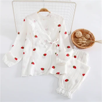 Plonos Medvilnės Minkštas Homewear Kvėpuojantis Tradicinių Pižama Japonų Kimono Stiliaus Kelnės Nustatyti, Merginos, Moterys, Braškių Spausdinti Sleepwear
