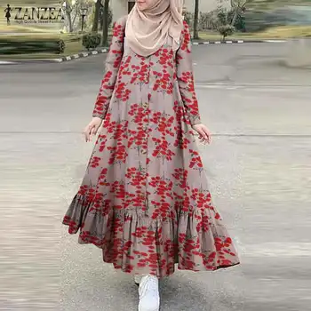 Plus Size Derliaus Spausdinti Maxi Suknelė Moterų Rudenį Sundress 2021 ZANZEA Atsitiktinis Gėlių Pynimas Vestidos Moterų Mygtuką Skraiste Femme
