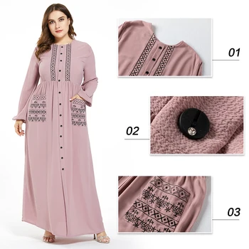 Plus Size Musulmonų Moterys Abaja Islamo Maxi Long Sleeve Dress Mygtukų Kišenė Kaftan Jilbab Dubajus Kokteilis Laisvus Drabužius Suknelė