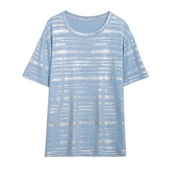 Plus Size Mėlyna Dryžuotas Viršūnes Tees 2020 M. Vasarą Moterys Stilingas Prarasti Trumpas Rankovės Negabaritinių marškinėliai korėjos Blizgantis Cool Marškinėlius