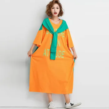 Plus Size Netikrą Dviejų dalių Kratinys Suknelė korėjiečių Raštą Spausdinti Maxi Marškinėliai Suknelės Moterims, Didelis Laisvas Medvilnės Suknelė 4XL 5XL 6XL 2019