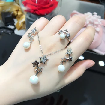 Poezijos Žydas Parduotuvėje S925 sidabro Rinkinys perlai žvaigždė stiliaus draugui dovana silver pearl ring perlo auskaru