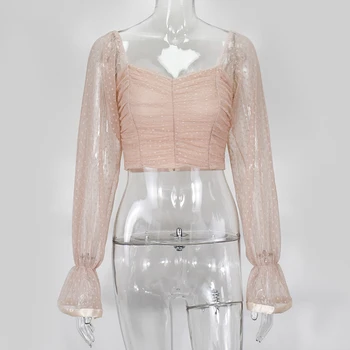 Polka Dot Palaidinė Moterų Tinklinio Marškinėliai Pink Viršūnes Brangioji Iškirpte Žibintų Sleeve Ruched Palaidinė Balta Blusas Vintage Marškinėliai 2020 M.