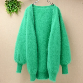 Ponios moterų atsitiktinis mados pavasario rudens mink kašmyras prarasti ilgai žibintų rankovėmis angoros kailio susagstomi megztiniai megzti megztiniai megztinis