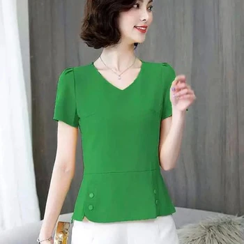 Ponios pavasario vasaros stilius šifono rankovėmis marškinėliai, ponios atsitiktinis trumpomis rankovėmis V-kaklo